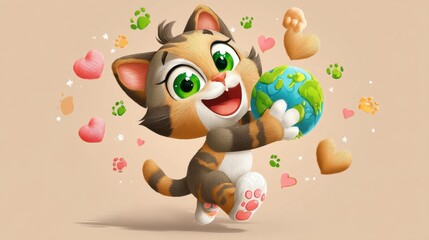 Naklejka premium A joyful whimsical cartoon cat character enthusiastically embracing the globe symbolizing a love and commitment to environmental protection and sustainability