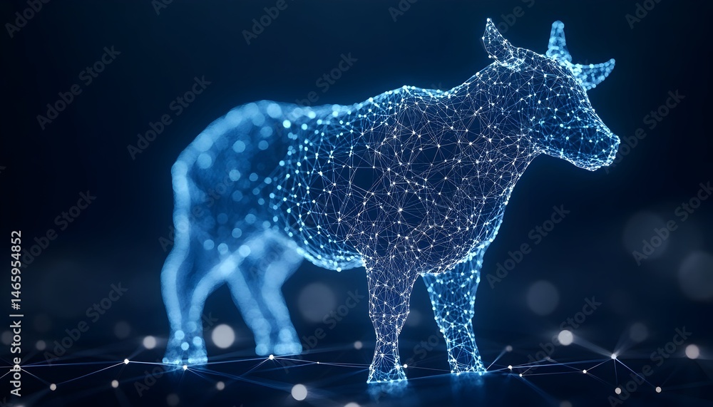 Aufkleber a luminous bovine figure, rendered in a network of interconnected nodes and lines, stands on a dark,