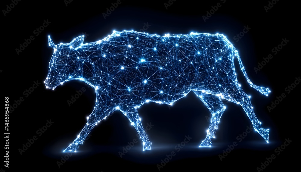 Poster a luminous, polygonal bovine strides across a dark backdrop, its form constructed from interconnecte