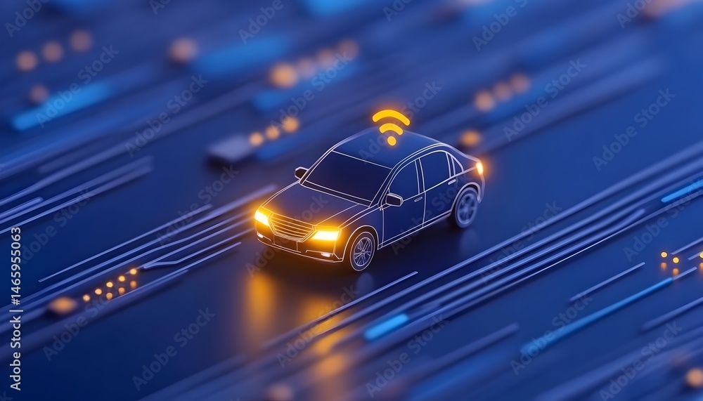 Poster a miniature car model with a wifi symbol above it, driving on a circuit board-like surface. the scen