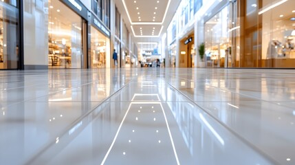 A modern shopping mall interior with sleek, polished floors reflecting the bright lights and store fronts