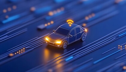 A miniature car model with a wifi symbol above it, driving on a circuit board-like surface.  The scene is dark with glowing blue and orange accents