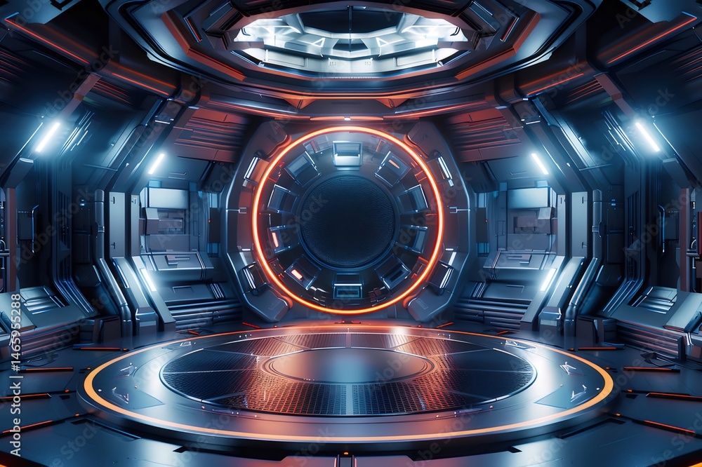 Poster オレンジ色のアクセントが特徴的な未来的な宇宙船内部の3dレンダリング デザイン 建築 金属素材と未来的な照明を備えたsf的な内部