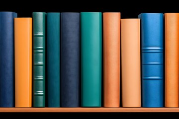 A row of diversely colored hardcover books sits neatly on a wooden shelf against a black background