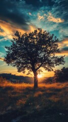 Solitary tree at sunset landscape