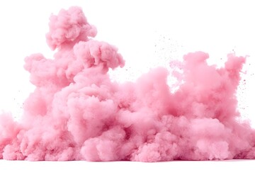 A vibrant, fluffy pink cloud formation against a stark white backdrop.  The texture is soft and airy, resembling a dye explosion
