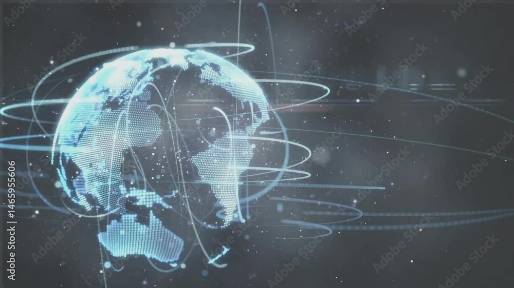 Poster 3d digital pixelated globe rotating in space, displaying glowing rings and streaming data lines