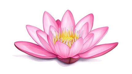 A vibrant pink water lily, showcasing delicate petals and a yellow center, sits elegantly against a stark white backdrop
