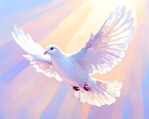 Obraz premium A white dove in flight, bathed in radiant sunlight, wings spread wide, soaring through a pastel sky