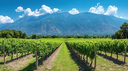 Fototapeta premium Lush Vineyard Rows Extend to Majestic Mountains