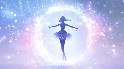 Fototapeta premium A girl in a tutu, wielding magic wands, dances within a shimmering portal
