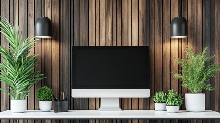 Modern workspace with wooden wall decor and computer monitor.