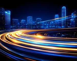 Fototapeta premium Cityscape at night with vibrant light trails swirling around a circular road