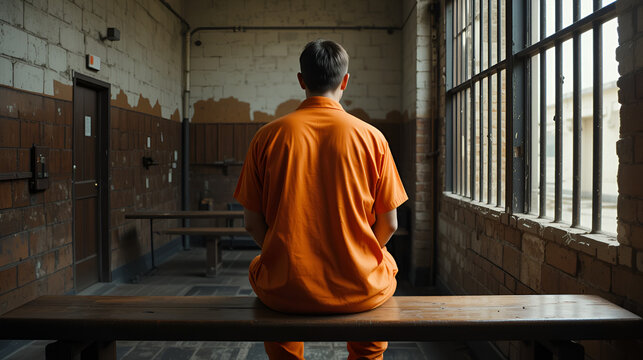 back view of a prisoner in orange clothes sitting on wooden bench in jail looking through window,