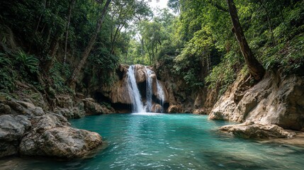 Naklejka premium Breathtaking turquoise waterfall cascading into a crystal-clear pool, set in lush tropical nature—perfect for travel, nature, and paradise themes.