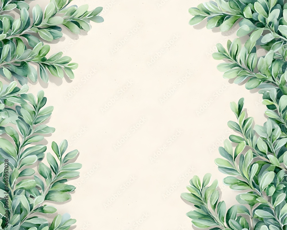 Poster elegant cream background adorned with lush green foliage, creating a symmetrical border, leaving a c