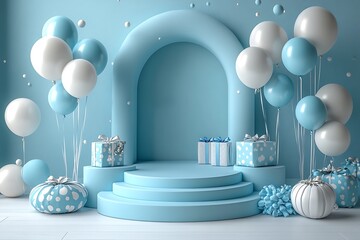 Elegant blue themed birthday scene featuring a podium stage balloons and wrapped gifts.