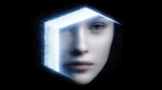 A digital face emerges from a glowing, geometric frame, blending human features with futuristic, holographic effects.
