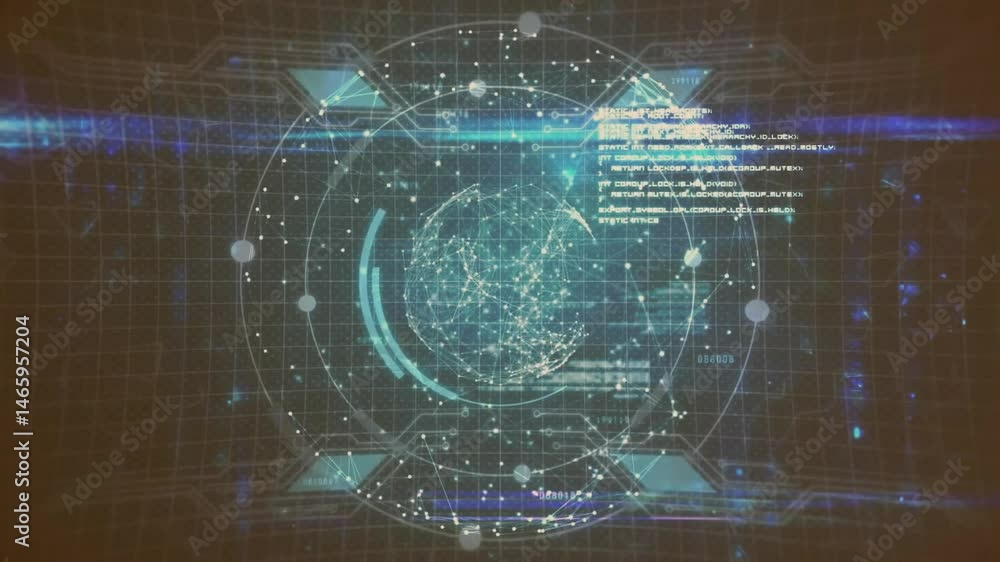 Poster 3d holographic globe rotating within cyber interface featuring data arcs and glowing network nodes