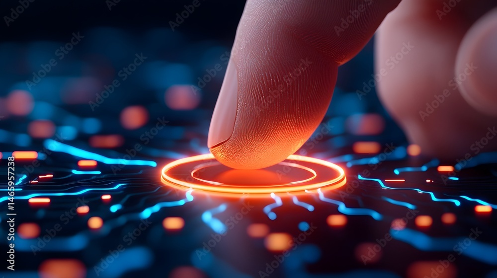 Poster fingertip hovers above glowing circuit board, activating a central node. digital interaction concept