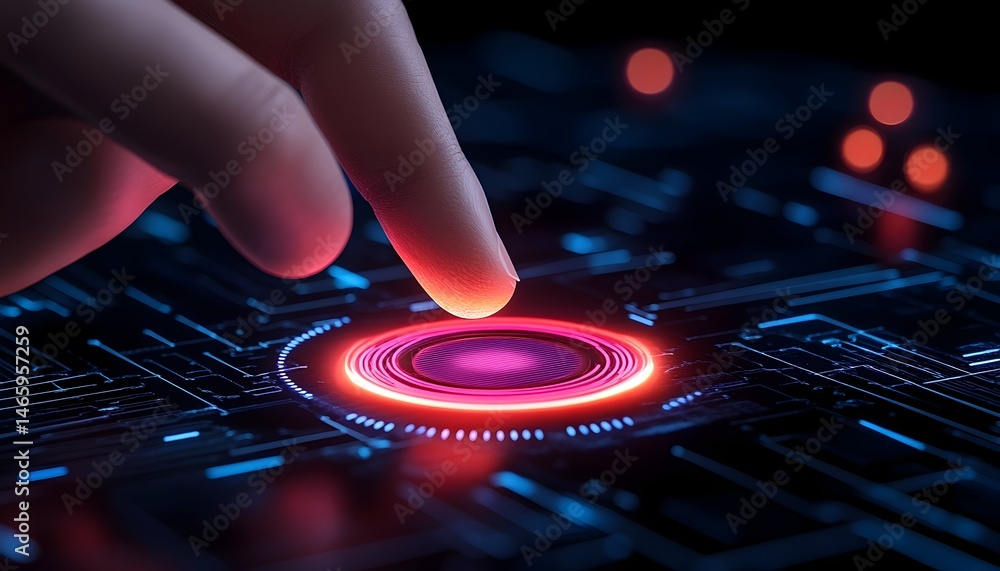 Aufkleber fingertip gently touches glowing circular button on futuristic tech surface. red and pink lights ill
