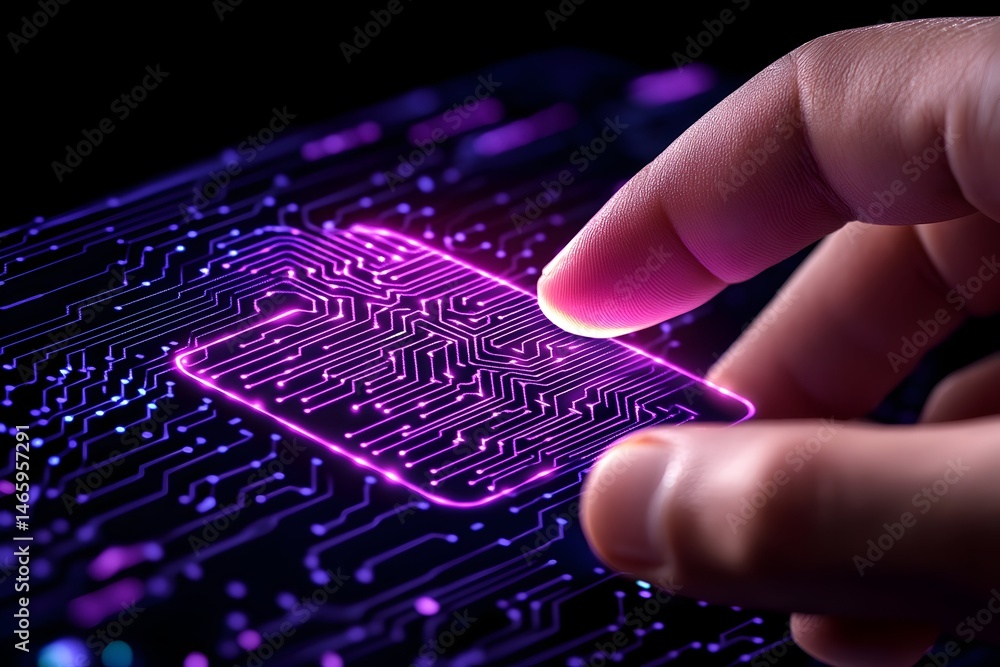 Poster fingertip interacts with glowing circuit board, showcasing intricate electronic pathways and technol