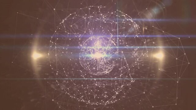 Central network sphere spinning, glowing within dual wireframes, showing nodes, lines, lens flares