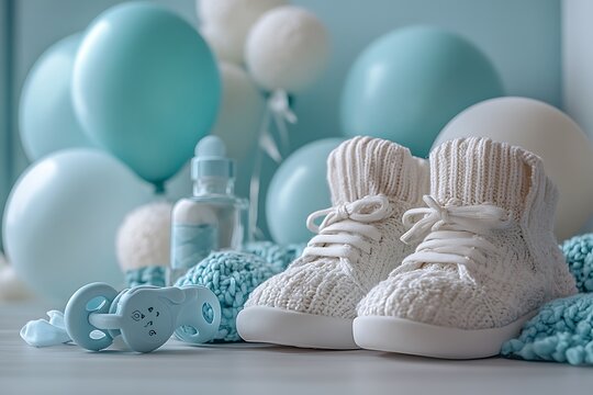 Adorable knitted baby shoes pacifier and balloons in soft blue tones celebration concept - Powered by Adobe