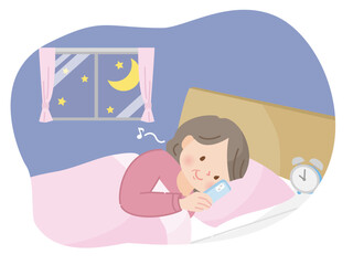 夜ベッドの中でスマホを見る中年女性のイラスト