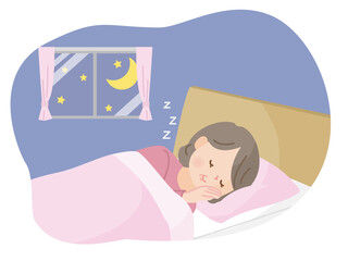 ベットでぐっすり眠る中年女性のイラスト素材