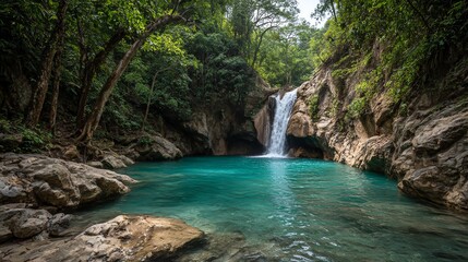 Fototapeta premium Breathtaking turquoise waterfall cascading into a crystal-clear pool, set in lush tropical nature—perfect for travel, nature, and paradise themes.