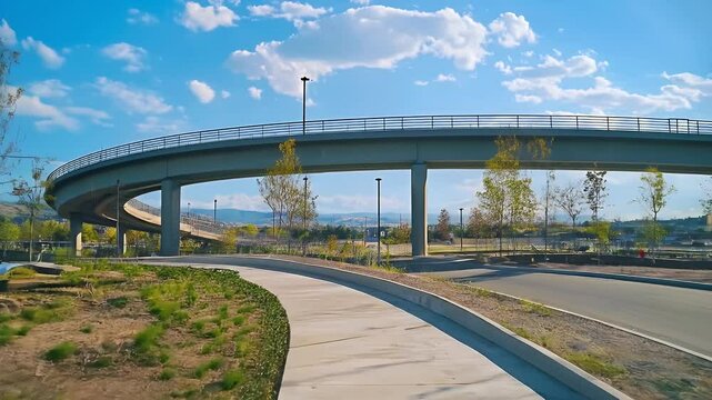 Concrete Bridge Surrounded by Greenery under Blue Sky at Daytime in Urban Landscape for Adobe Stock Photo