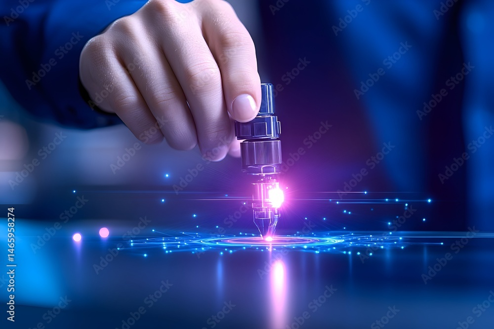 Aufkleber hand precisely uses a tool emitting light, creating a glowing digital effect on a dark surface