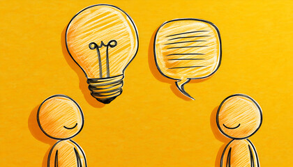 Two simple figures brainstorming, a lightbulb symbolizing a bright idea and a speech bubble for discussion; concept of teamwork, innovation, and collaboration.