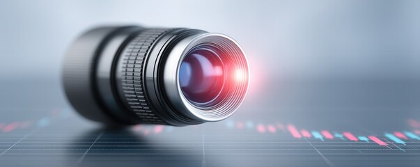 A camera lens with a red reflection rests on a digital surface displaying a colorful financial graph.