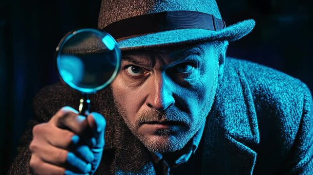 Detective in fedora examines clue through magnifying glass in dimly lit setting