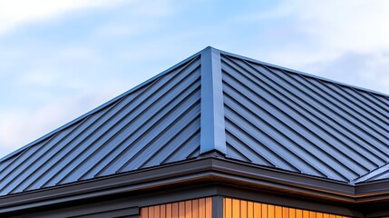 Modern dark gray metal roof with crisp lines against a light blue sky.  The roofline showcases a clean, geometric design