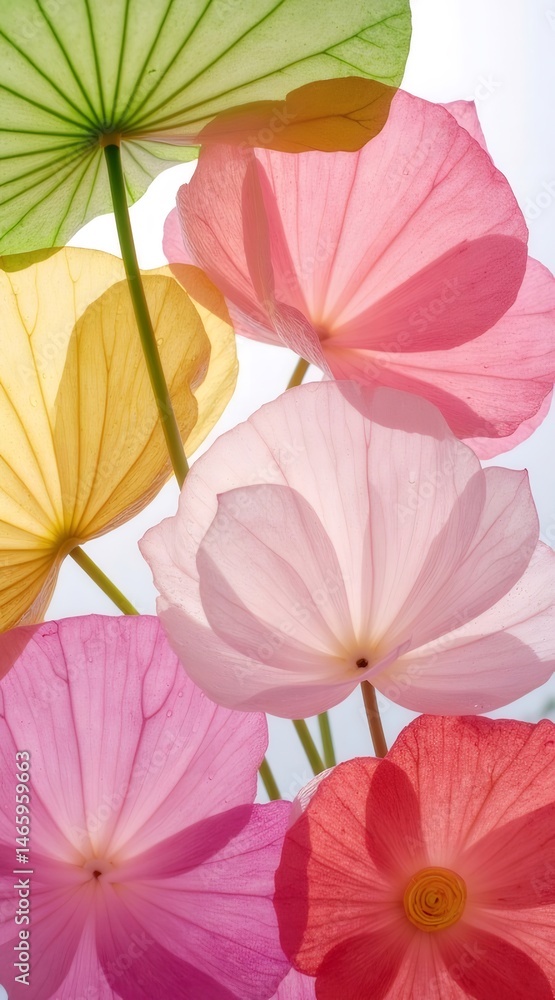 Poster ピンクと緑の蓮の花びらの垂直クローズアップイメージ柔らかい光で照らされた半透明のテクスチャと詳細を示すマクロ写真