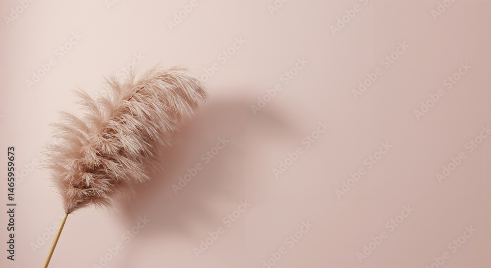 Poster close-up view of a single stem of fluffy dried pampas grass casting a shadow against a soft light pi