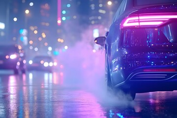 Sleek car on a rainy city street at night, with vibrant neon lights reflecting on wet pavement and emitting exhaust