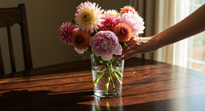 A hand gently adjusts a vibrant bouquet of pink peonies and colorful dahlias in a glass vase on a sunlit wooden table indoors - Powered by Adobe
