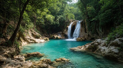 Fototapeta premium Breathtaking turquoise waterfall cascading into a crystal-clear pool, set in lush tropical nature—perfect for travel, nature, and paradise themes.