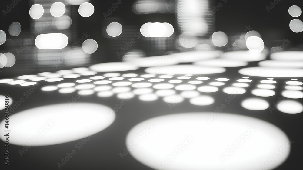 Poster abstract black and white image of blurred city lights reflected on a patterned surface, creating a c
