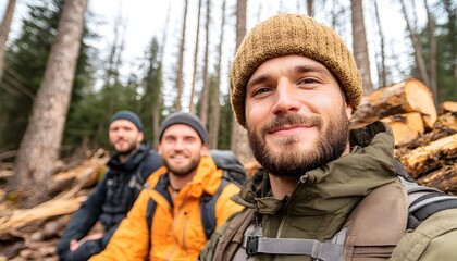 Fototapeta premium Three hikers smile warmly in a forest setting, logs piled behind them. A close-up selfie showcases their happy expressions and outdoor attire