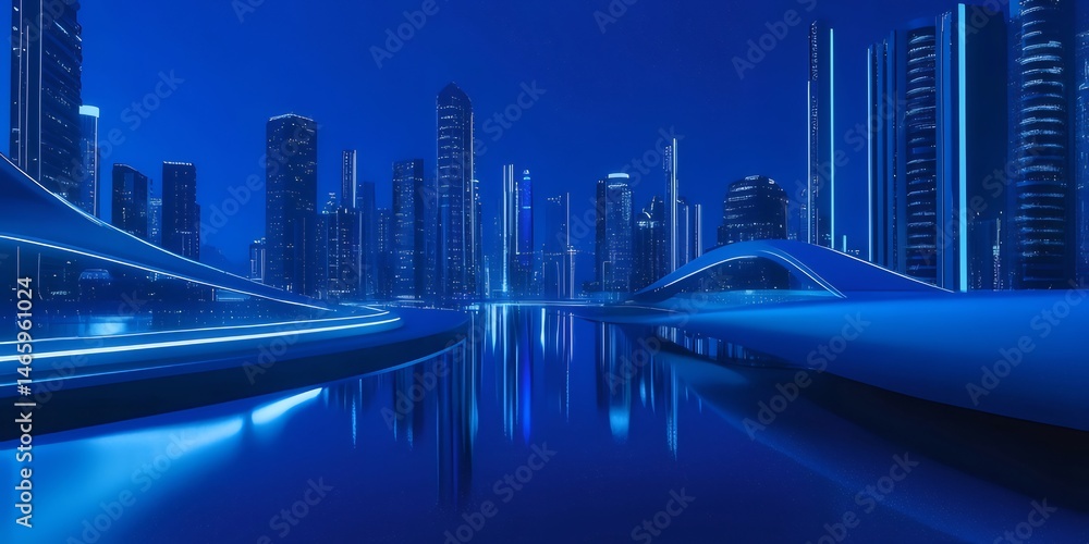 Poster 夜間の街のスカイライン青い照明と水面反射を持つ未来的な都市景観