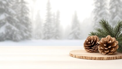 Two pine cones and evergreen sprig rest on a wooden slice, set against a blurred snowy forest backdrop