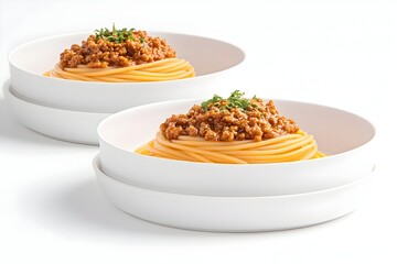 Two servings of spaghetti topped with a rich meat sauce, garnished with fresh herbs, are elegantly presented in simple white bowls on a clean white background