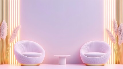 Two pastel pink armchairs face each other, separated by a small round table, set against a light purple wall with gold accents and pampas grass