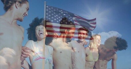 Group of friends standing on beach, showing animated American flag overlay for travel marketing - Powered by Adobe