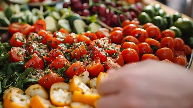 Fresh Garden Salad Being Prepared with Red Tomatoes and Cucumbers from Above in Natural Light